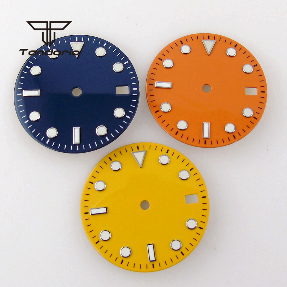 Watch Hands Set Luminous Replacement Nh35 - 29mm Donkerblauw/Oranje/Geel Wijzerplaat Wijzers Set Datumvenster