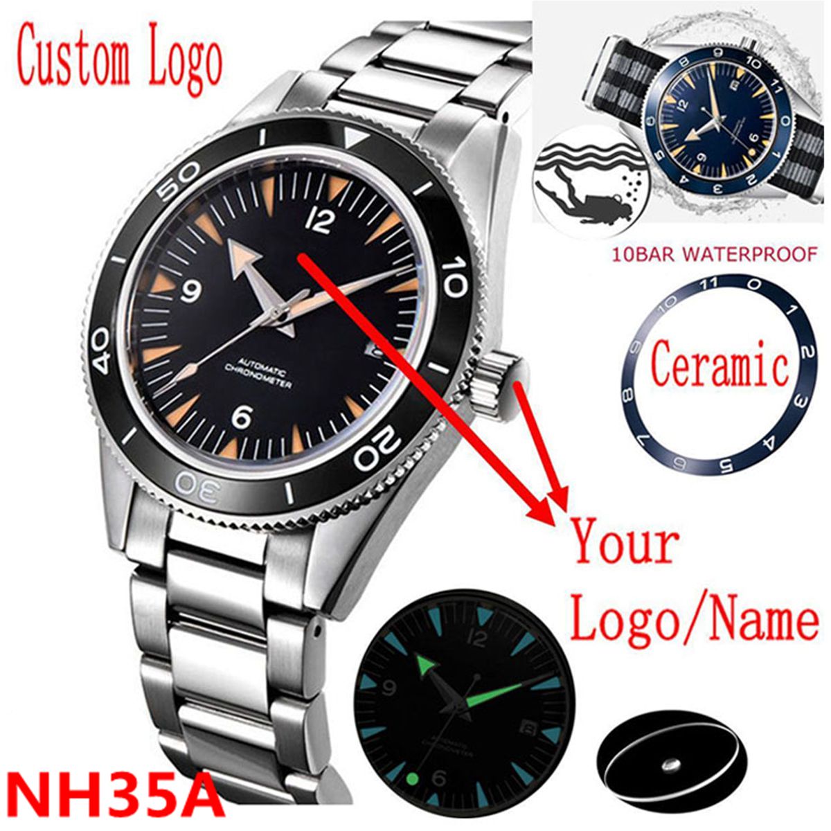 Men Mechanical Watch Sapphire Crystal - Aangepast logo NH35 uurwerk horloge 10bars